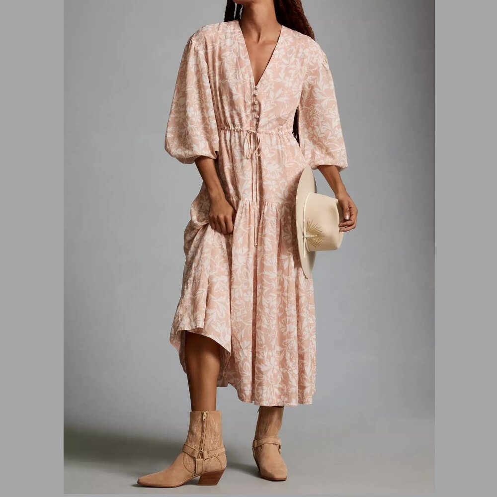 Anthropologie Erin Fetherston Macey V-Neck Long-Sleeve Tunic Midi Dress Pink M